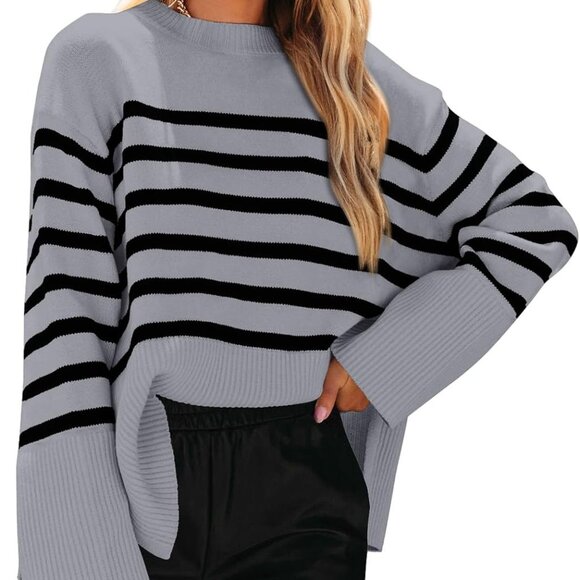 kirundo Sweaters - Women's Casual Oversized‎ Long Sleeve Striped Sweater Medium